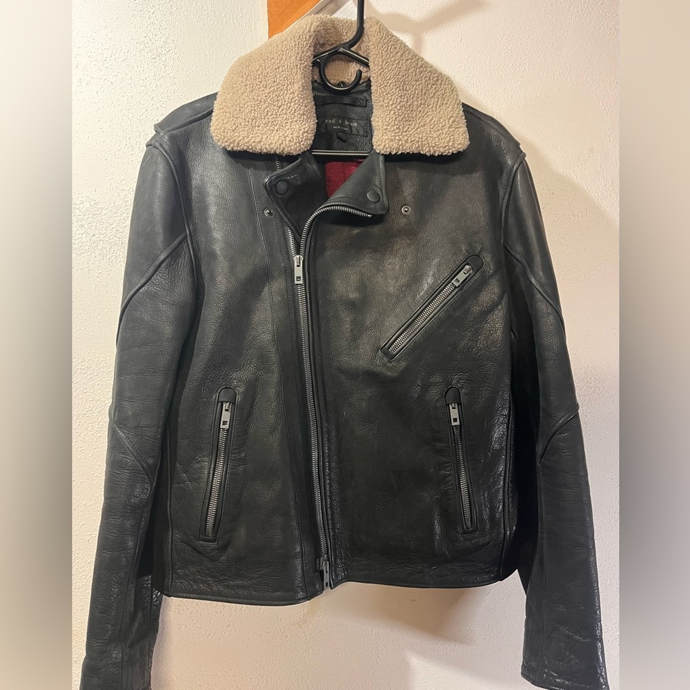 Rag & Bone Mens Moto Leather Jacket Shearling Neck Trimmed Sz 42 Heavier Leather